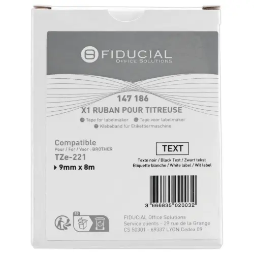 Ruban comp BROTHER TZE 221 9mm blanc impression noire