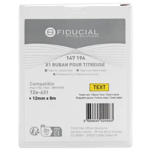 Ruban comp BROTHER TZE 631 12mm jaune impression noire