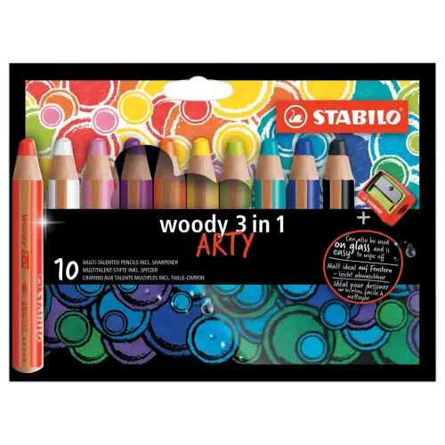 10 Crayon WOODY 3 en 1 Arty et son taillecrayon 