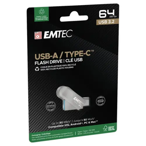 Cl&eacute; USB double connectique 2.0 USB-A/USB-C 64Go 