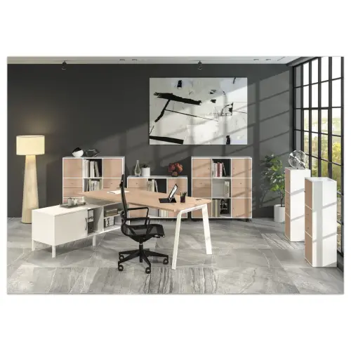 Bureau de direction avec caisson porteur ch&ecirc;ne/blanc mont&eacute; 