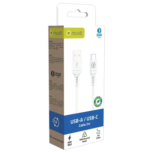 Câble de charge USB-A/USB-C en plastique recyclé 2 m - Blanc