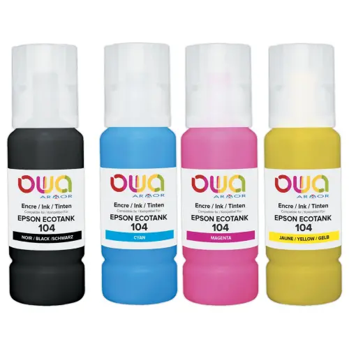 Pack de 4 bouteilles d'encre équivalent Epson 104 - Noir / Cyan / Magenta / Jaune - Owa