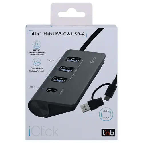Hub 4 en 1 USB-A & USB-C 3.0 en aluminium vers 3x USB-A + 1xUSB-C