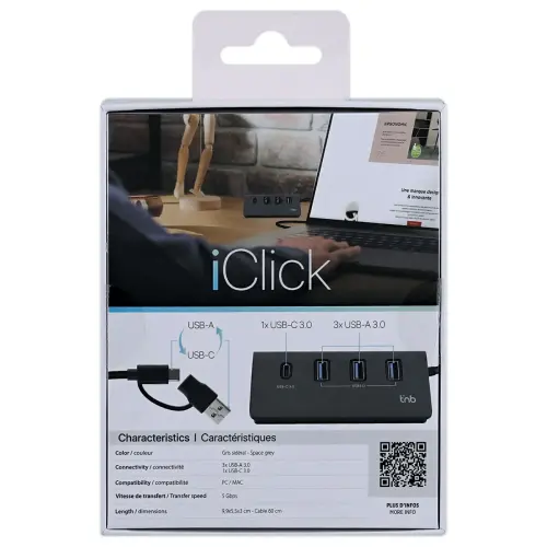 Hub 4 en 1 USB-A & USB-C 3.0 en aluminium vers 3x USB-A + 1xUSB-C