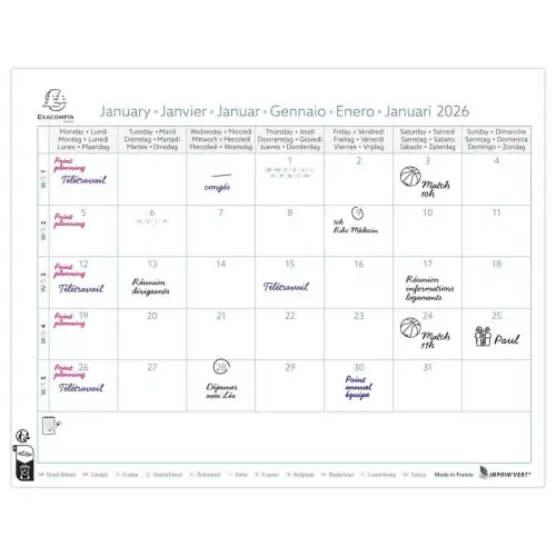 Calendrier mensuel sur plaque 27,5 cm x 30,5 cm EASYCAL - Mini labo 