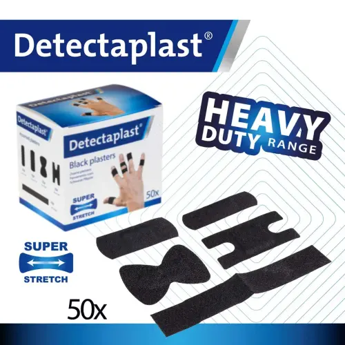 Boite de 50 pansements en tissu &eacute;lastique - 5 tailles - Noir - Detectaplast 