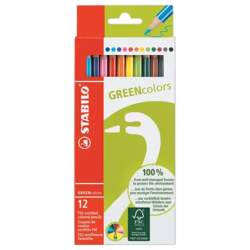12 Crayons de couleur GREENcolors - Bois FSC&reg; - Couleurs assorties - STABILO 