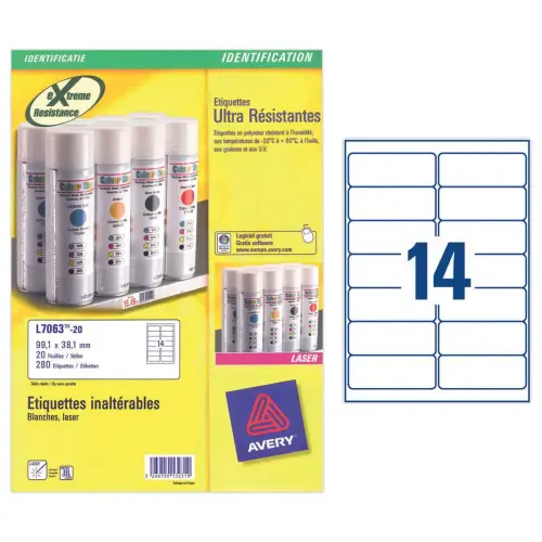 Boîte de 20 planches de 14 étiquettes blanches ultra résistantes - 99,1 x 38,1 mm - AVERY