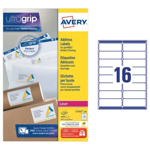 250 Planches de 16 étiquettes adresses blanches pour imprimantes laser - 99,1 x 33,9 mm - AVERY