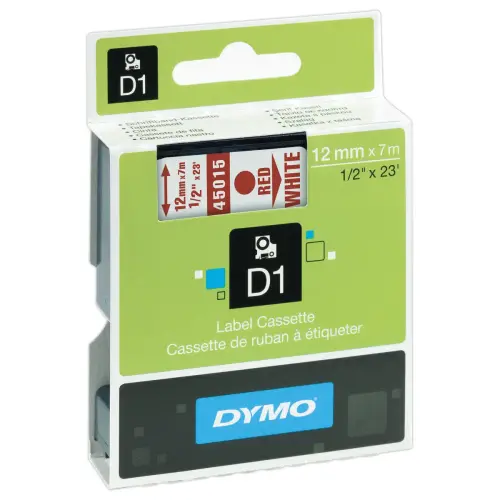 Ruban pour titreuse D1 - 7 m x 12 mm - Texte rouge sur fond blanc - Dymo