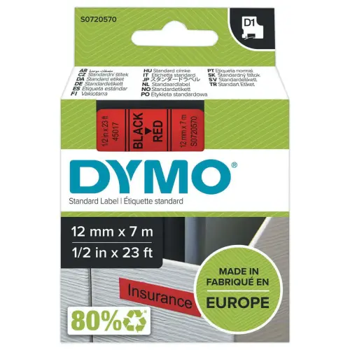 Ruban pour titreuse D1 - 7 m x 12 mm - Texte noir sur fond rouge - Dymo