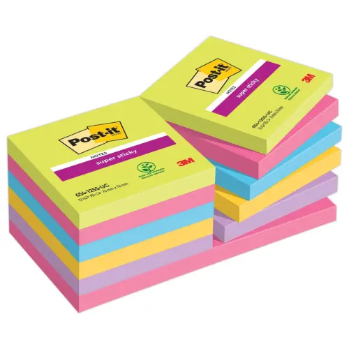 12 Blocs de 90 notes repositionnables Super Sticky - 7,6 x 7,6 cm - Coloris assortis - POST-IT