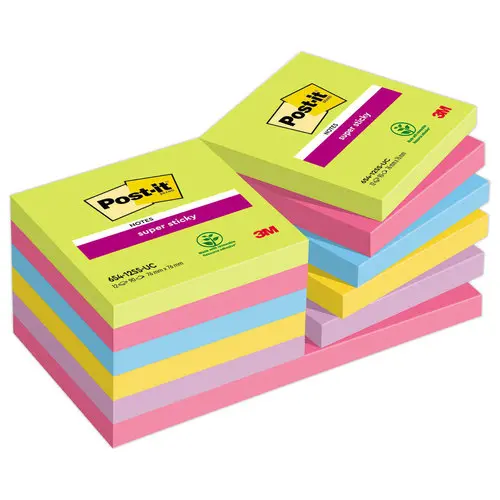 12 Blocs de 90 notes repositionnables Super Sticky - 7,6 x 7,6 cm - Coloris assortis - POST-IT