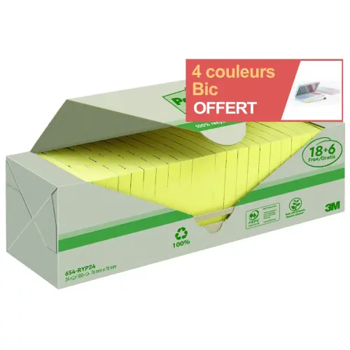 24 Blocs Notes Recyclées Post-it® Jaune 76 x 76mm, 18 Blocs + 6 Gratuits