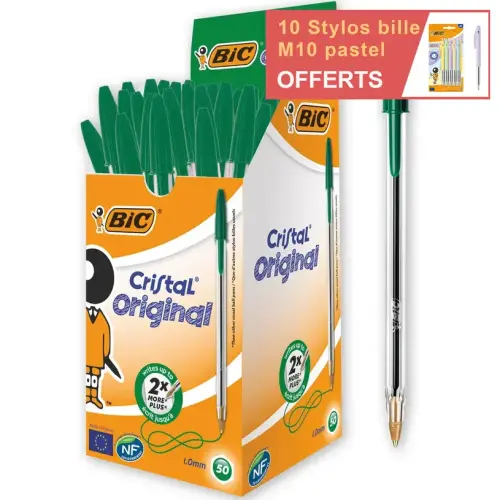 50 Stylos bille Cristal - Écriture moyenne - Vert - BIC