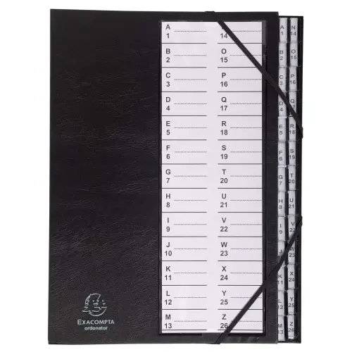 Trieur rigide Ordonator avec cavaliers plastiques et &eacute;lastiques alphab&eacute;tique 26 compartiments de A &agrave; Z - Noir - Exacompta 