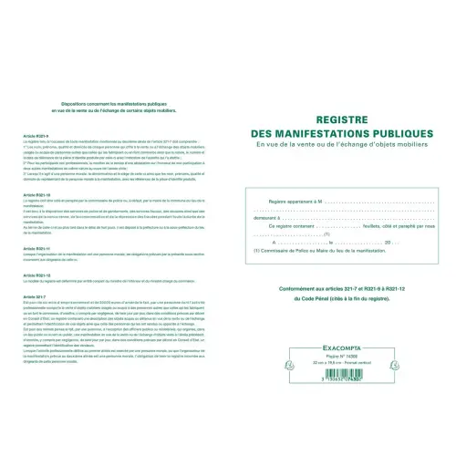 Piqûre 32x19,5cm - Registre d'identification des vendeurs en vue d'une manifestation publique - 80 pages - EXACOMPTA