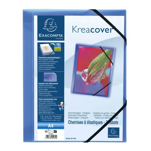 Chemise à élastiques 3 rabats polypropylène opaque Krea Cover - A4 - Bleu - EXACOMPTA