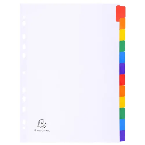 Intercalaires carte blanche 160g avec onglets couleurs renforc&eacute;s - 12 positions - A4 - Blanc - EXACOMPTA 