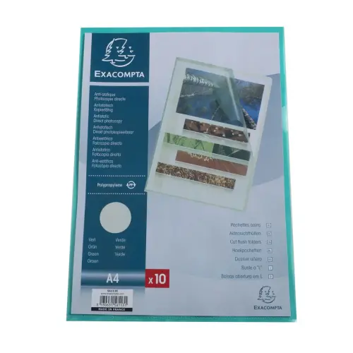 Sachet 10 pochettes coin polypropylène grainé 12/100e - A4 - Vert - EXACOMPTA