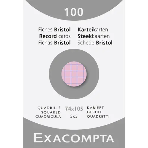 Étui de 100 fiches - bristol quadrillé 5x5 non perforé 74x105mm - Rose - EXACOMPTA