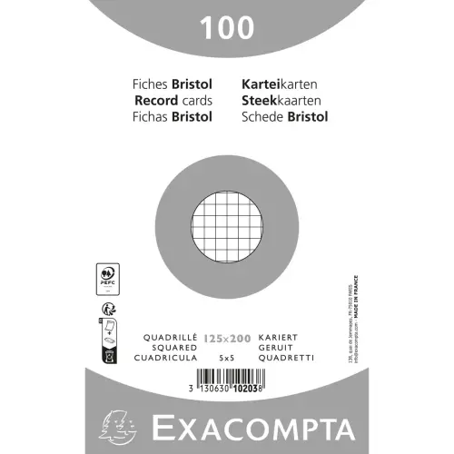Paquet 100 fiches sous film - bristol quadrillé 5x5 non perforé 125x200mm - Blanc - EXACOMPTA