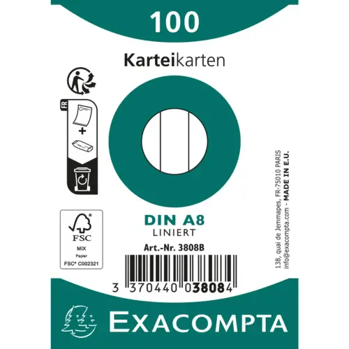 Paquet 100 fiches sous film - bristol ligné non perforé 55x74mm - Blanc - EXACOMPTA