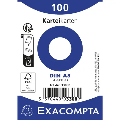 Paquet 100 fiches sous film - bristol uni non perforé 55x74mm - Blanc - EXACOMPTA