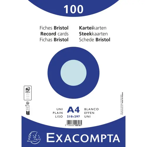 Paquet 100 fiches sous film - bristol uni non perforé 210 x 297 mm - Azur - Exacompta
