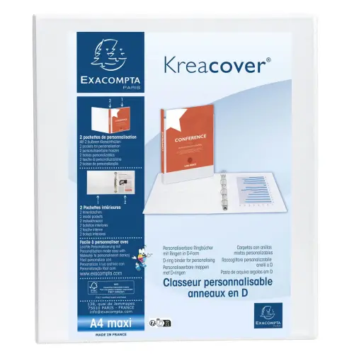 Classeur PP personnalisable Kreacover - 2 anneaux en D 15mm - A4 maxi - Blanc - EXACOMPTA