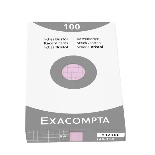 Étui de 100 fiches - bristol quadrillé 5x5 non perforé 148x210mm - Rose - EXACOMPTA