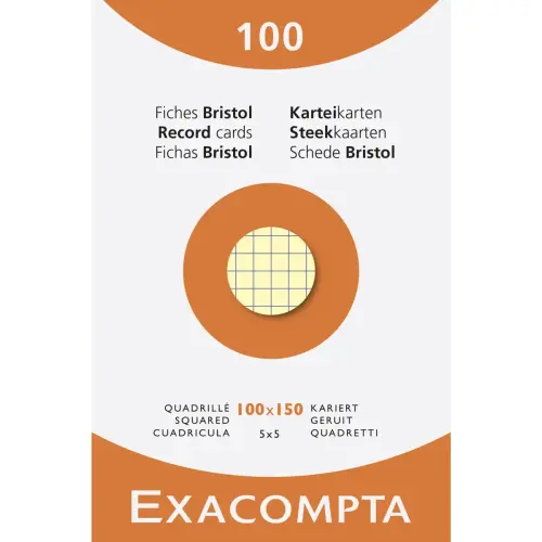 Étui de 100 fiches - bristol quadrillé 5x5 non perforé 100x150mm - Couleurs assorties - EXACOMPTA