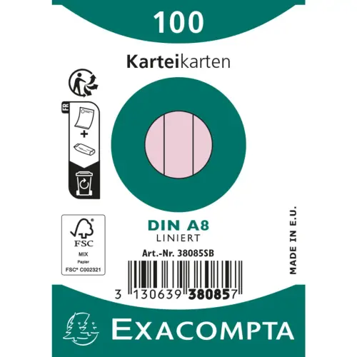 Paquet 100 fiches sous film - bristol ligné non perforé 55x74mm - Rose - EXACOMPTA