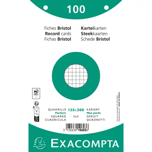 Paquet 100 fiches sous film - bristol quadrillé 5x5 perforé 125x200mm - Blanc - EXACOMPTA