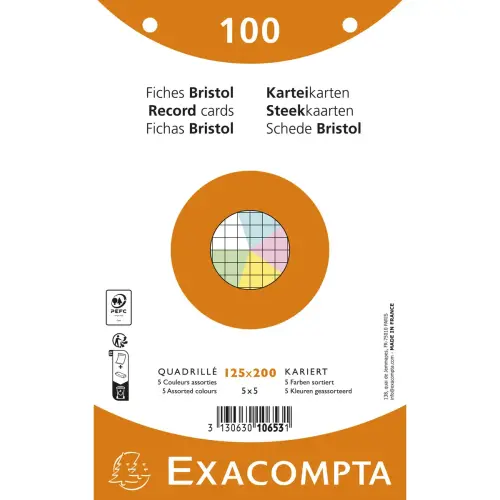 Paquet 100 fiches sous film - bristol quadrillé 5x5 perforé - 125x200mm - Couleurs assorties - EXACOMPTA