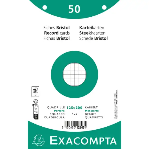 Paquet 50 fiches sous film - bristol quadrillé 5x5 perforé 125x200mm - Blanc - EXACOMPTA