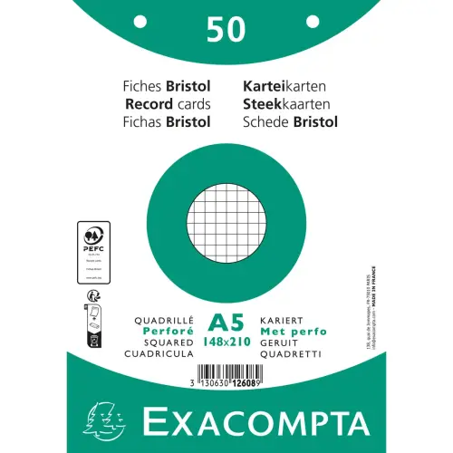 Paquet 50 fiches sous film - bristol quadrillé 5x5 perforé 148x210mm - Blanc - EXACOMPTA