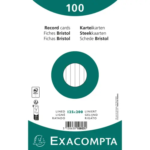 Paquet 100 fiches sous film - ligné non perforé - 125x200mm - Blanc - EXACOMPTA