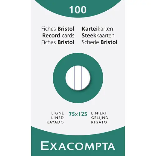 Étui de 100 fiches - bristol ligné non perforé 75x125mm - Blanc - EXACOMPTA