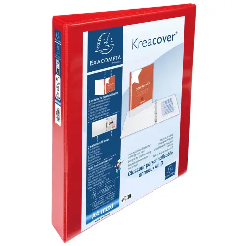 Classeur personnalisable rigide 2 poches KreaCover® - 4 anneaux en D 30mm - A4 maxi - Rouge - EXACOMPTA