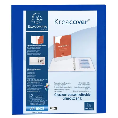 Classeur PP personnalisable Kreacover - 4 anneaux en D 30mm - A4 maxi - Bleu - EXACOMPTA