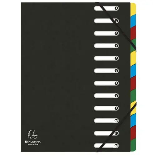 Trieur HARMONIKA® à fenêtres avec élastiques véritable carte lustrée 12 compartiments - Noir - EXACOMPTA