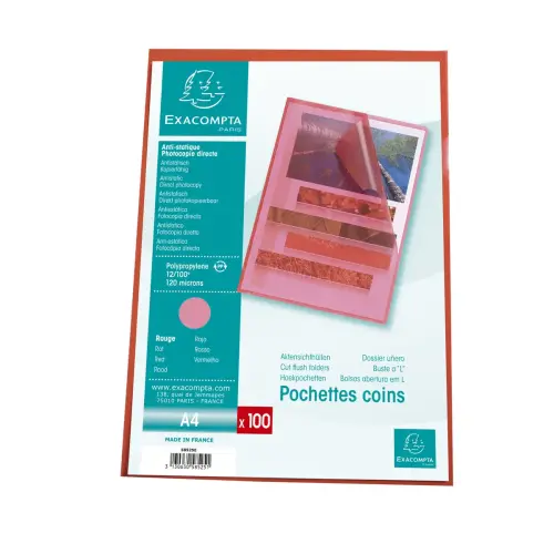 Sachet de 100 pochettes coin A4 en polypropylène grainé standard - Rouge - Exacompta