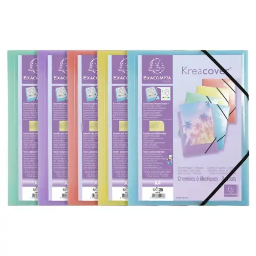 Chemise à élastique 3 rabats A4 en polypropylène KreaCover Pastel - Couleurs assorties - Exacompta