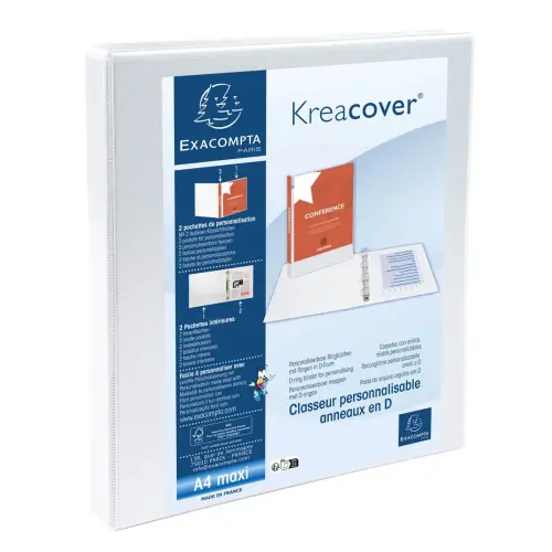 Classeur personnalisable KreaCover 2 anneaux 16 mm 2 poches - Blanc - Exacompta