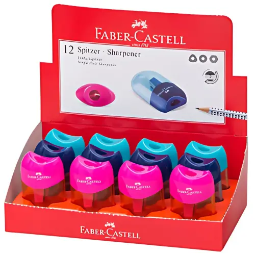 12 FABER-CASTELL Taille-crayon r&eacute;servoir TREND 2019, pr&eacute;sentoir 