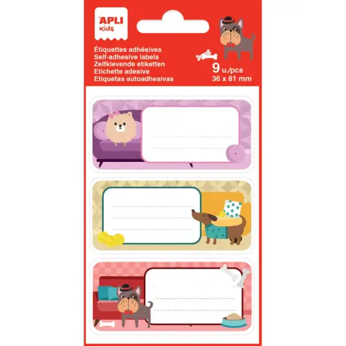 Étiquettes scolaires chiens mignons - 3 motifs - 9 unités - Apli