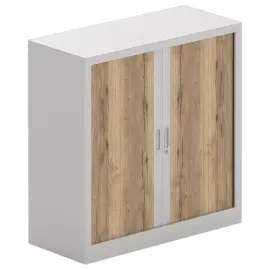 Armoire basse &agrave; rideaux m&eacute;talliques - Alu et ch&ecirc;ne vein&eacute; - 100x100 cm 