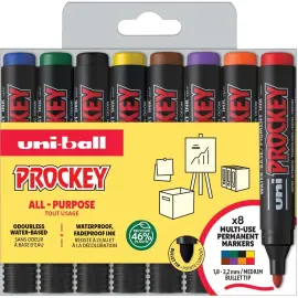Marqueur permament &agrave; base d'eau UNI-BALL PROCKEY - pointe conique moyenne - coloris assortis - lot de 8 